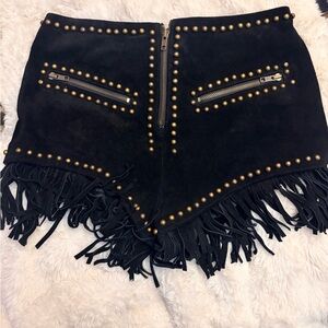 High Waist Black Studded Fringe Shorts
